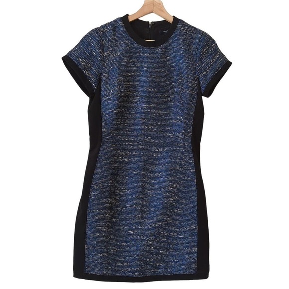 Madewell Shimmer Weave Blue Metallic Black Panel Tweed Shift Dress 12 - Picture 2 of 9